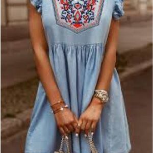 Embroidered chambray Blue Dress with flutter sleeves